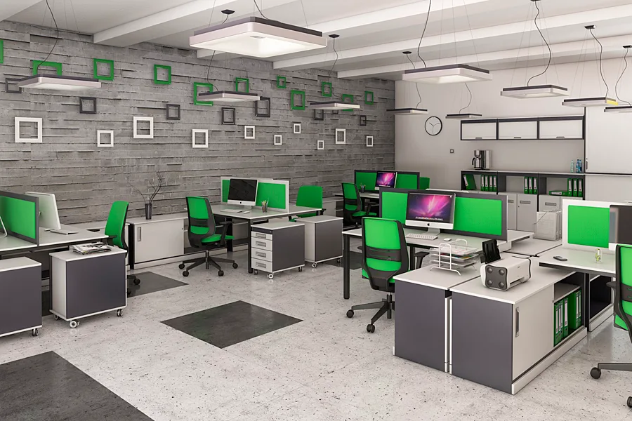 Ofis mobilyalarıyla donatılmış modern çalışma alanları